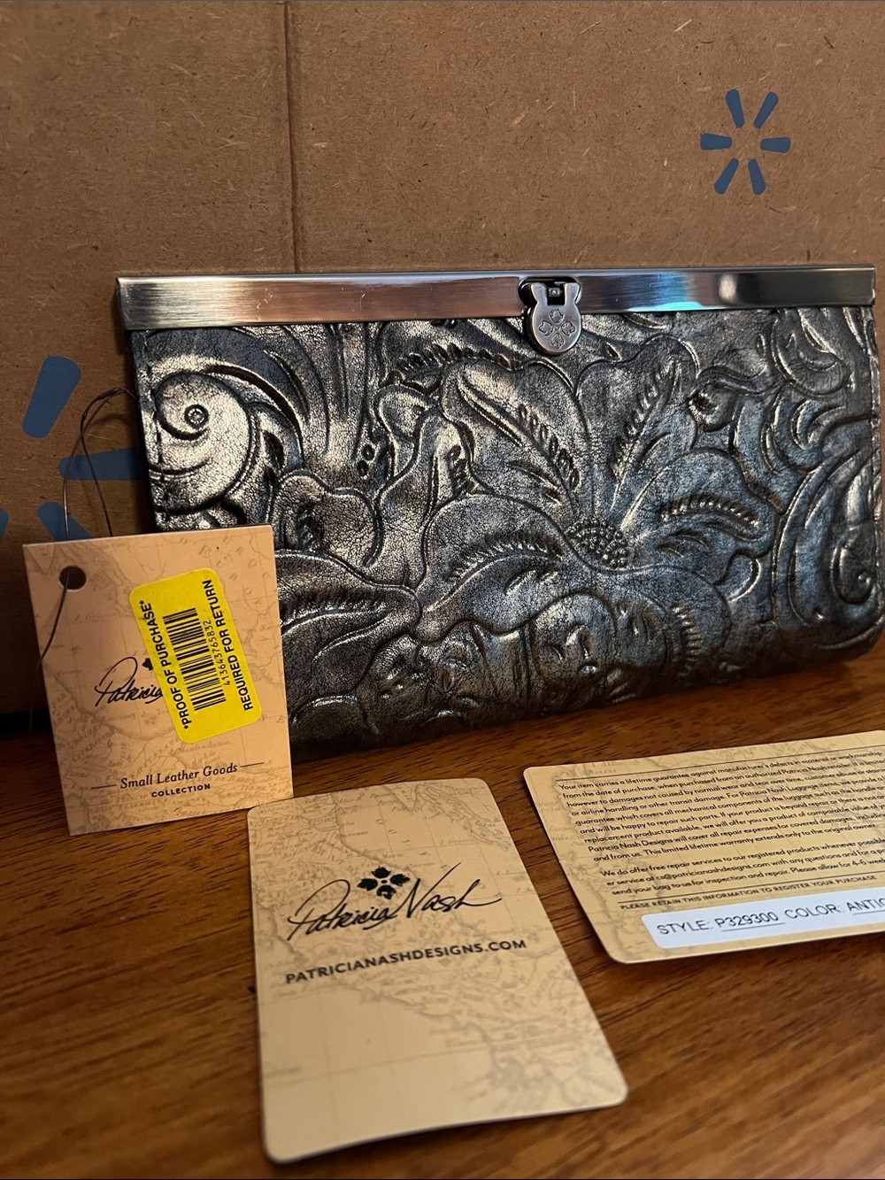 Patricia Nash Metallic Silver Floral Embossed Leather Clutch